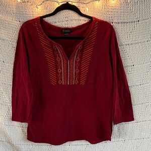 Lucky Brand Red Long-Sleeve Embroidered V-Neck Top
